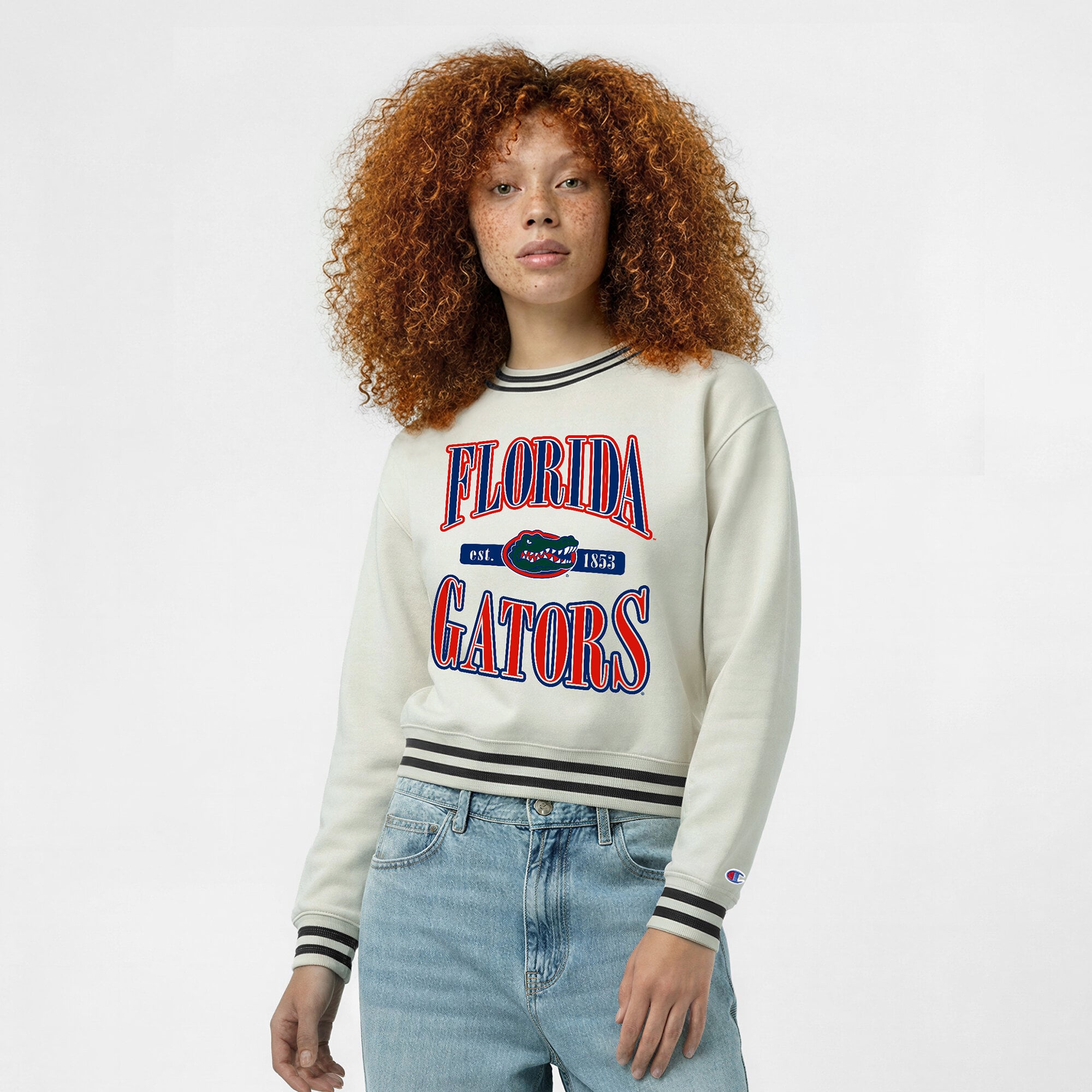 Women's Champion  White Florida Gators Yarn Dye Rib Reverse Weave Crew Sweatshirt